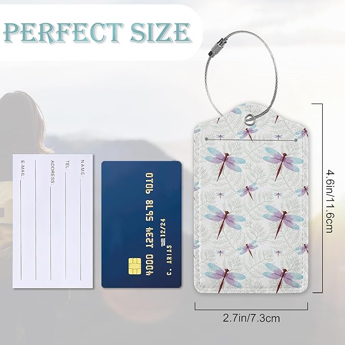 Dragonfly Luggage Tag,Pink Blue Leaves Luggage Tags of Set 2 Leather Identifiers Privacy Cover with Stainless Steel Loop for Women Men Travel Bag Suitcase