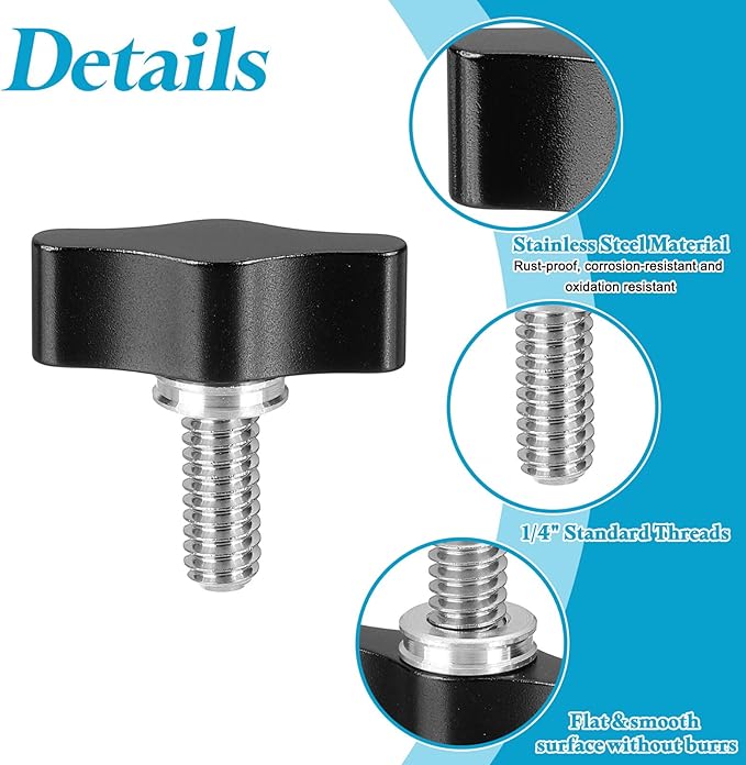 PATIKIL Clamping Screw Knob 1/4" x 1.14", 2Pcs Stainless Steel t Shaped Camera Thumb Screws for DSLR Flash Bracket Light Stand Adapter Action Sports Camera Mounting System, Black