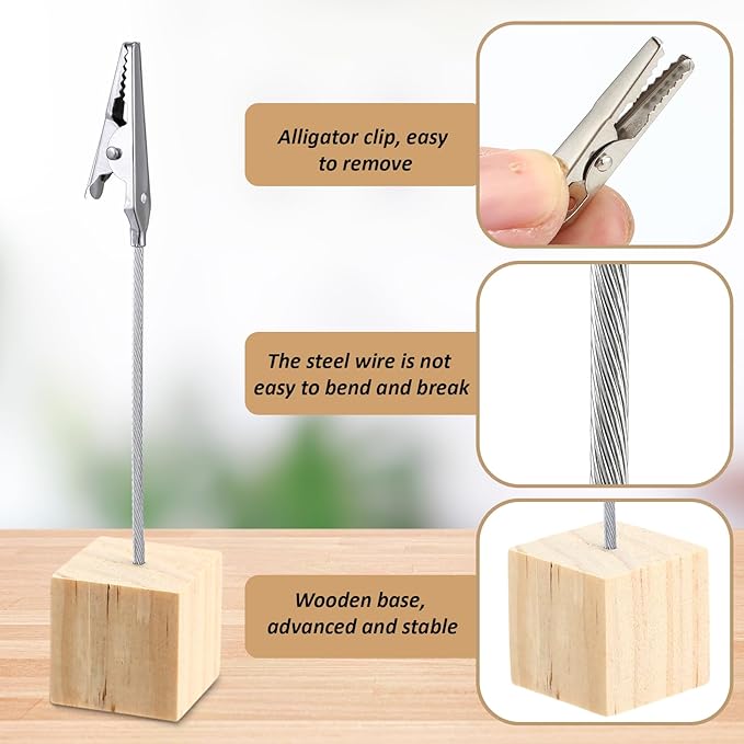 Gersoniel 20 Pcs Cube Base Memo Clip Holder with Alligator Clip Wood Table Number Holder Cube Base Place Card Stand Mini Photo Menu Stand for Displaying Number Card (Light Wood Color)