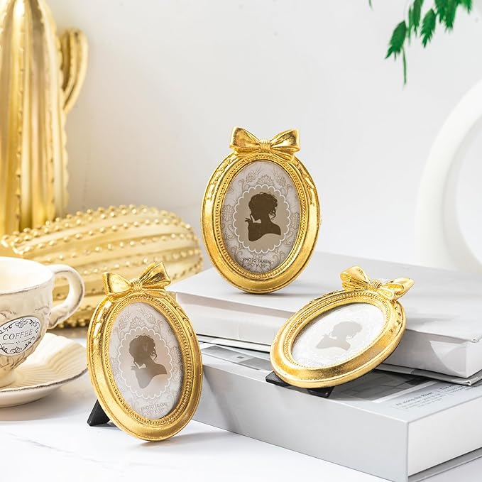 Vicenpal 6 Pcs Mini Gold Frames Small Vintage Picture Frames 2.5 x 3.5 Inch Oval Resin Antique Baroque Ornaments with Glass Panel and Rack Stands
