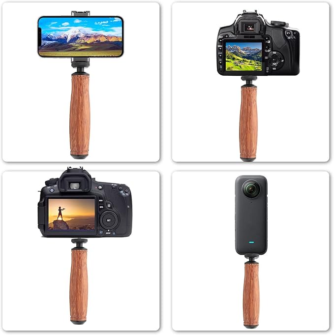 Camera Handle Grip Support Mount Handheld Wooden Handle Grip with Stable Shooting, Ergonomic Design, Light Weight, Bottom 1/4 Inch Tripod Thread