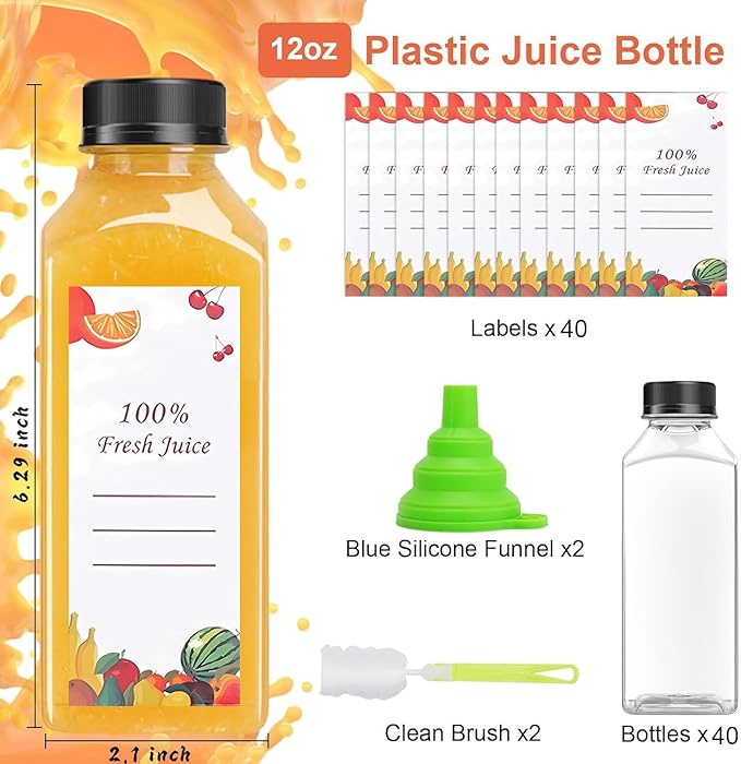 OBKJJ 40 pcs 12oz Pcs Juice Bottles, Juice Bottle with Caps Reusable Empty Clear Bottles with Label, Funnel, Brush Bulk Beverage Containers for Juicing, Drinking, Smoothie and Other Beverages (12-OZ)