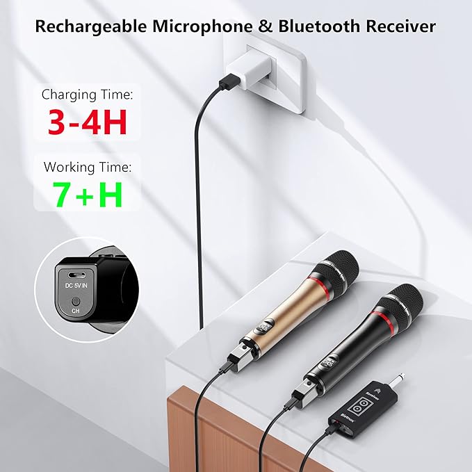 Bietrun Wireless Microphone, 240FT Rechargeable UHF Metal Dual Cordless Handheld Dynamic Mics with Bluetooth for Karaoke Machine, PA System Speaker, Mixer, Party, Church, Wedding(Rose Gold)