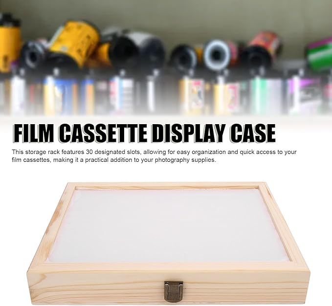 Wooden Film Cassette Display Case - 30 Slot 135 Film Storage Box, Minimalist Dust Proof Organizer for 35mm Camera Film - Solid Wood Photography Collectors Box (11.6x8.5x1.8in)