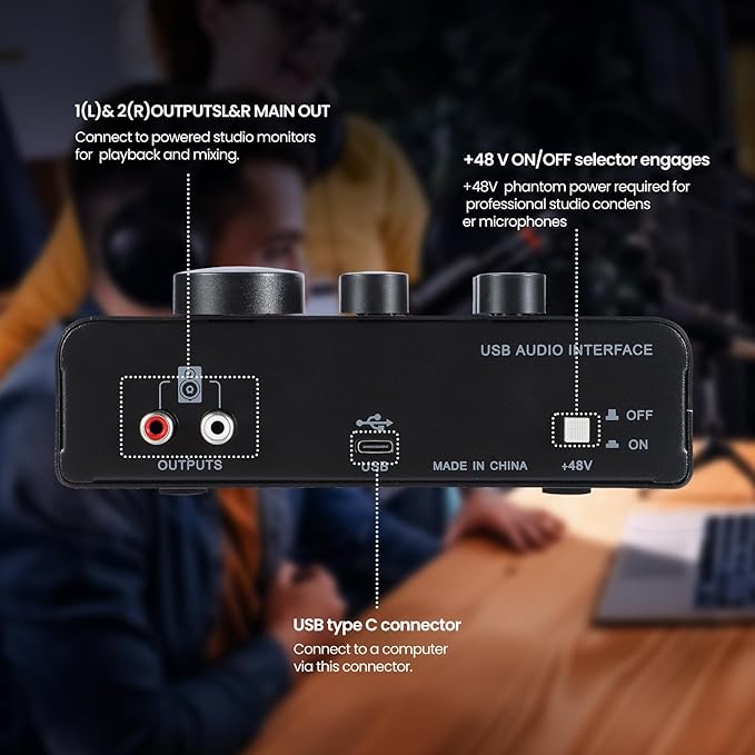 USB Audio Interface with 2X XLR/TRS Inputs, Phantom Power, USB-A/C Connectivity Perfect for Recording, Live Streaming, Podcasting Home Studio Use by Musicians Content Creators(OS3)