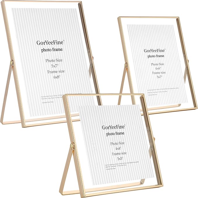 Gold Floating Picture Frames Set of 3,Metal Geometric Photo Frame with Glass Cover Includes(5x7'',4x6'',4x4'')Tabletop Floating Picture Frames for Home Wedding Decoration,Gift for Father's Day