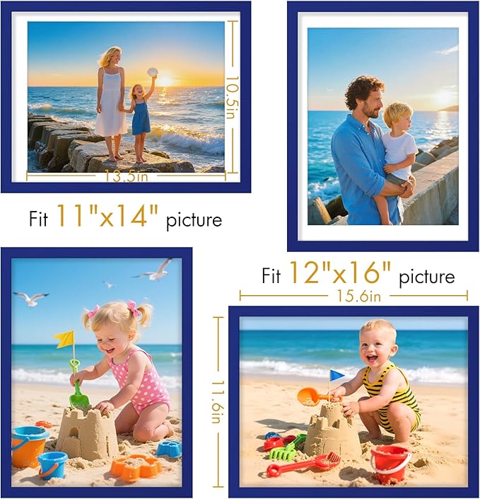 Vittanly 12x16 Picture Frame, Made of Solid Wood and Shatterproof Plexiglass, Display Pictures 11x14 with Mat or 12x16 without Mat, Wooden Photo Frame for Wall Mounting, Royal Blue, 1 Pack