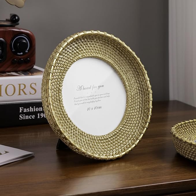 Cuspin 4x4 Picture Frame Vintage Gold Frames, Round Rattan Textured Hand-Crafted Circle Frame with Glass Front, Retro Photo Frame for Tabletop Display & Wall Hanging, Home Decor