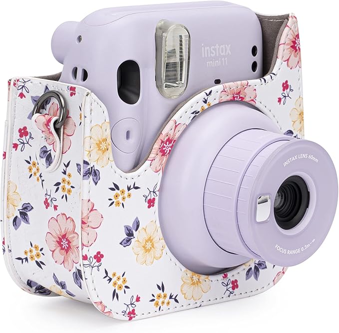 Frankmate Protective Case Compatible with Fujifilm Instax Mini 12 11 9 8 Instant Film Camera with Pocket and Adjustable Strap (Flowers White)