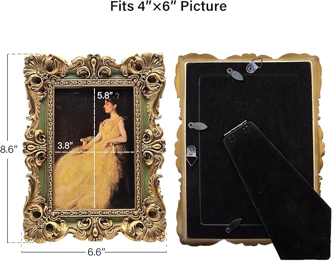 CISOO 4x6 Vintage Picture Frame Antique Ornate Green and Gold Photo Frame, for Table Top and Wall Display, Decorative Floral Design Retro Home Decor, Photo Gallery Art