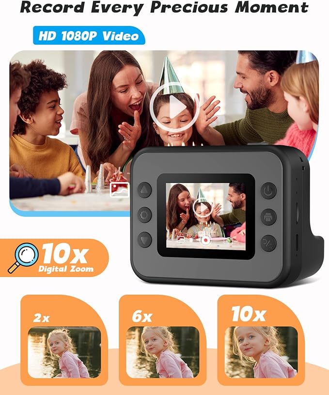 Instant Print Camera for Kids, 1080P Digital Video Cameras, Christmas Birthday Gifts Toys for Age 3-12, Toddler Camera for 4 5 6 7 8 9 10 Year Old Boys - Black