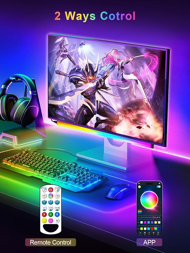 Under Monitor Light Bar, App and Remote Control Gaming Ambient Lights,Music Sync Color Changing, 16 Million Colors, Timing, USB Powered RGB Light Bar for Monitor/TV/PC Back (2pcs)