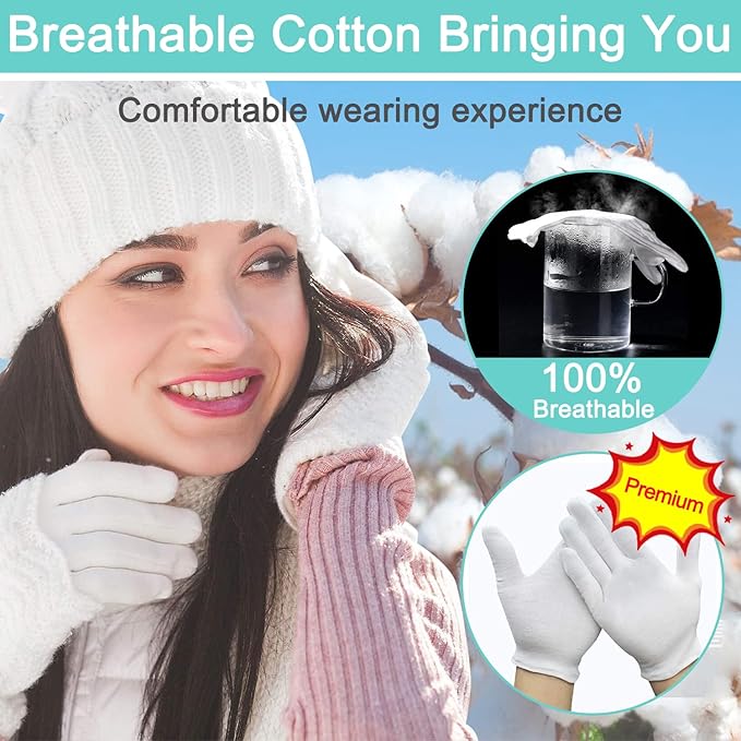 Cotton Gloves - 24pcs Soft White Gloves Moisturizing Eczema Gloves for Dry Hands SPA Inspection (Small)