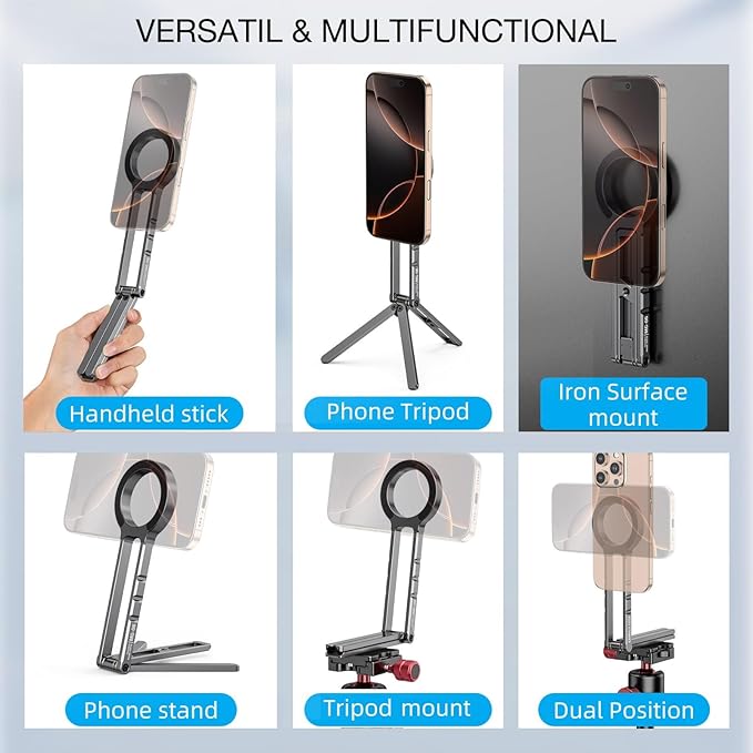 Magnetic Phone Tripod Stand Compatible with iPhone 16 15 14 13 12 Magsafe - Aluminium Smartphone Mini Tripod Pocket Cell Phone Stand Dual-Sided Magnet Quick Mount