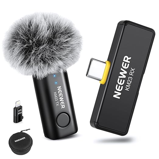 NEEWER Lavalier Wireless Microphone System, 1x USB C Receiver with OTG Adapter & 1x Noise Cancelling Omnidirectional Condenser Transmitter Compatible with iPhone 16 Pro Max S24 Ultra, KM23