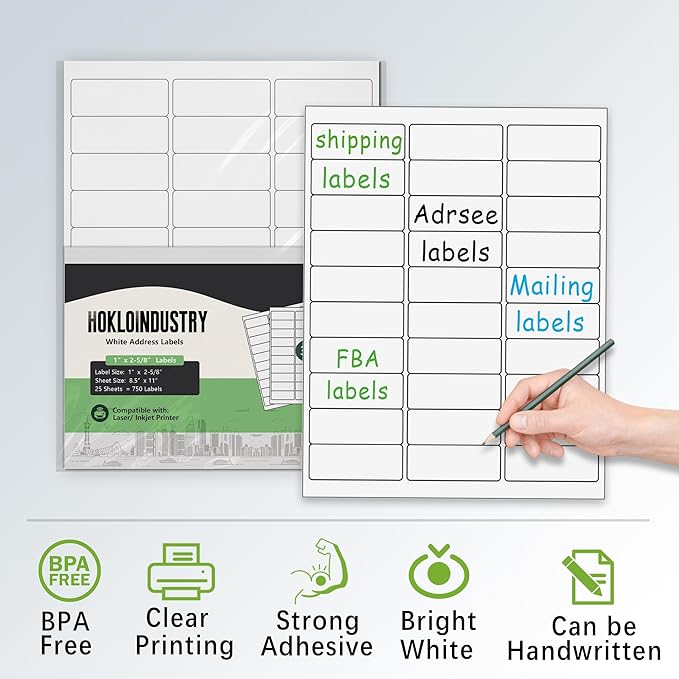 1" x 2-5/8" Address Labels, Permanent Adhesive Blank White Labels,Totally 750 Sticker Labels (25 Sheets)