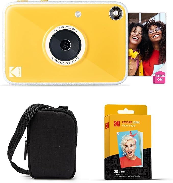 Kodak Printomatic+ Instant Print Digital Camera Starter Bundle + Carrying Case + Zink 20pk Sticky-Back Photo Paper - 10MP, Full-Color Photos, GB LED Status Indicator - Yellow