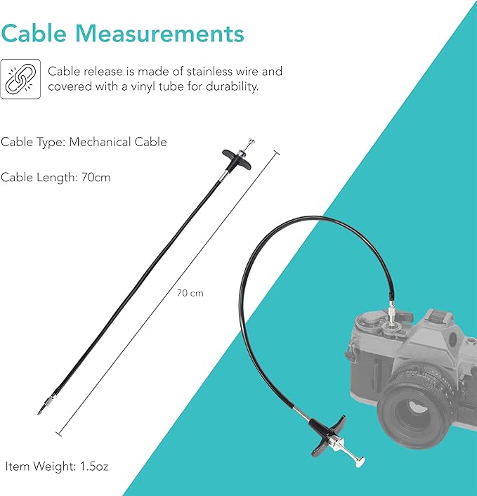 Foto&Tech 70cm Mechanical Shutter Release Cable with Bulb-Lock Compatible with Nikon Df/ F80/ F4/ FM2/ F3/ FE/ FM3a, Fujifilm X-E3/X-Pro2/X10/X100/X-PRO1/X-E1/DF-1, Leica M6/M8/AE-1,Minolta SRT-200