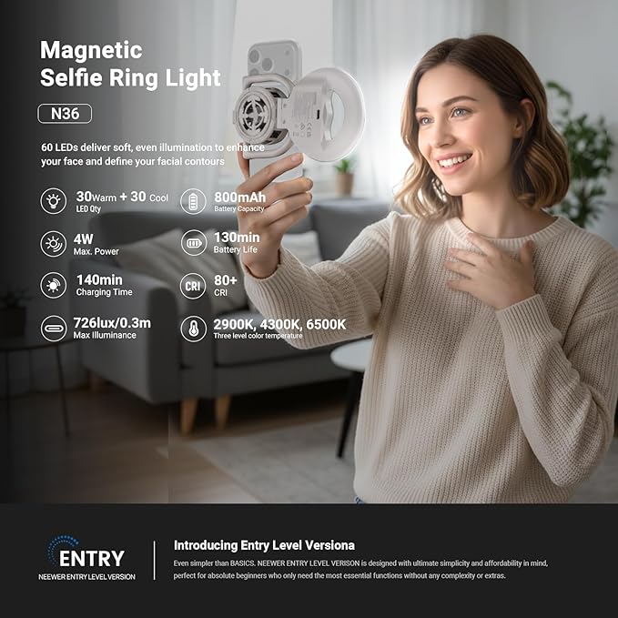 NEEWER Entry Level Version N36 Magnetic Selfie Ring Light & Phone Cooler Compatible with MagSafe iPhone, 4W Bi Color Foldable Small Plastic LED Fill Lighting 800mAh/CRI80+ for Video Recording Makeup