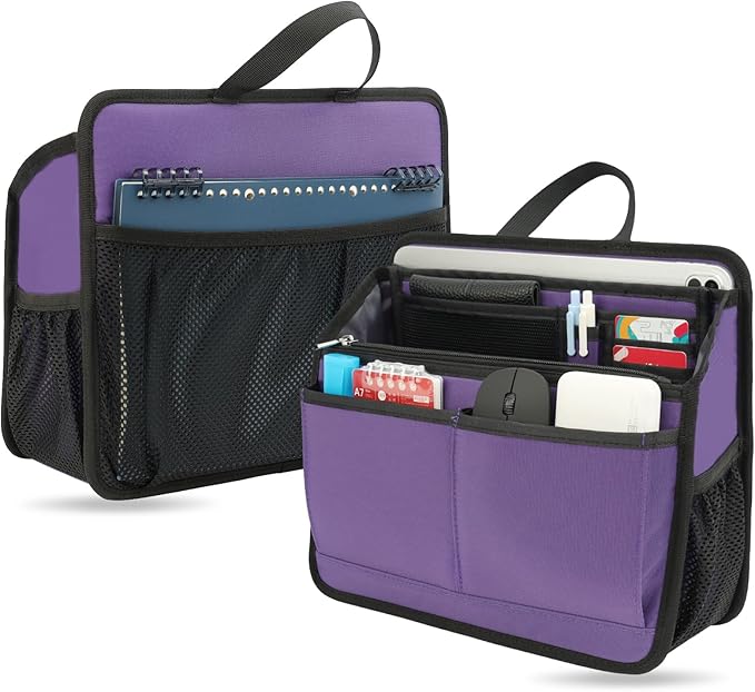 Small Rugged Organizer Insert for Briefcase Tote Shoulder Messenger Bag-19 Pockets,Durable Padded Nylon,Handle-Purple