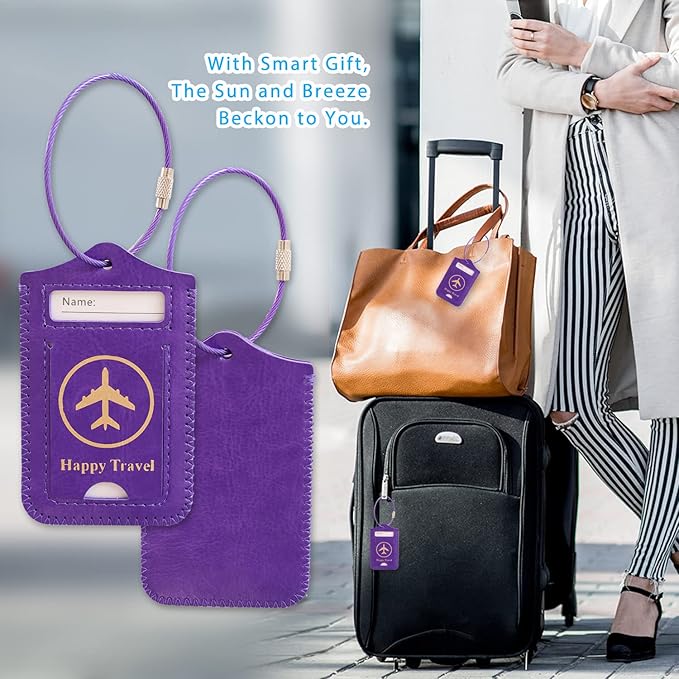 Luggage Tags, ACdream Leather Case Luggage Bag Tags Travel Tags 2 Pieces Set, Purple