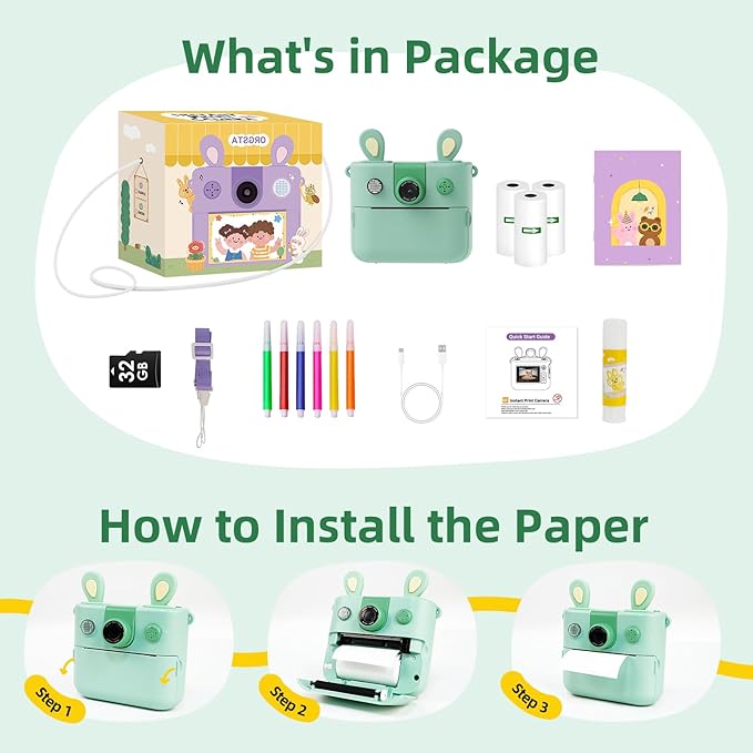 ORGSTA Kids Instant Print Camera for Boys and Girls 1080P HD Toddler Digital Camera with 3 Rolls Print Paper&32G Card, Christmas Birthday Gift Toys for Age 3-16 Kids Portable Travel Digital Camera Toy