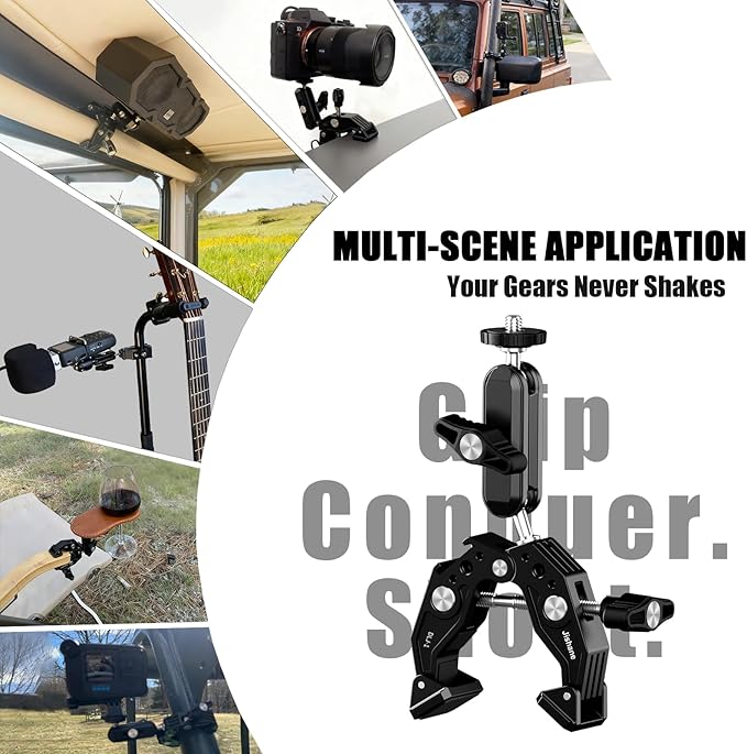 Super Clamp Mount with 360° Dual Ballhead & Magic Arm,Anti-Fall 360° Rotating Motorbike Phone Holder Camera Clamp for DSLR,GoPro Hero 13,DJI OSMO Pocket 3,Insta 360 X5 Fits Mountain/Scooter/Dirt