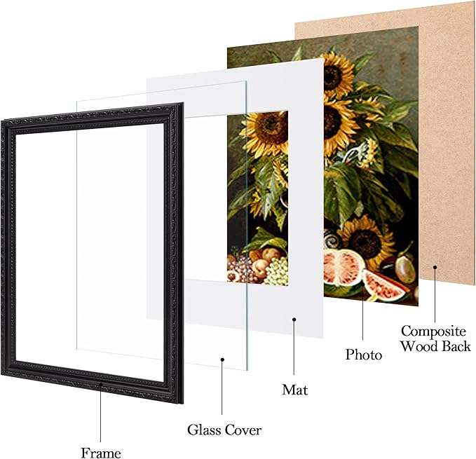 eletecpro 11x14 Picture Frames Set of 4, Vintage Frame with Glass Cover, Gothic Black Photo Frames 11 x 14 Display 8x10 Photo with Mat or 11x14 without Mat for Tabletop or Wall Decor, Black