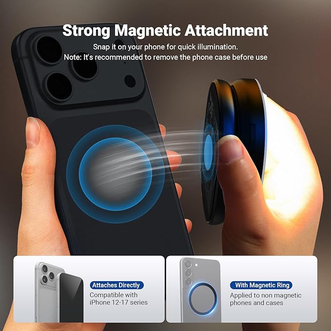 NEEWER Basics Magnetic Selfie Light Compatible with MagSafe iPhone, 2W Bi Color Small LED Phone Fill Ring Lighting CRI95+ with 360° Swivel, Mirror for Makeup Video Conference Recording, NL72B Black