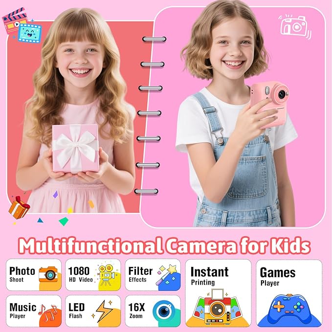 Okaloka Kids Instant Print Camera Toys,1080P HD Toddler Digital Video Camera,Christmas Birthday Gifts for Girls Boys Age 3-12 Year Old - 32G SD Card Included (Pink)