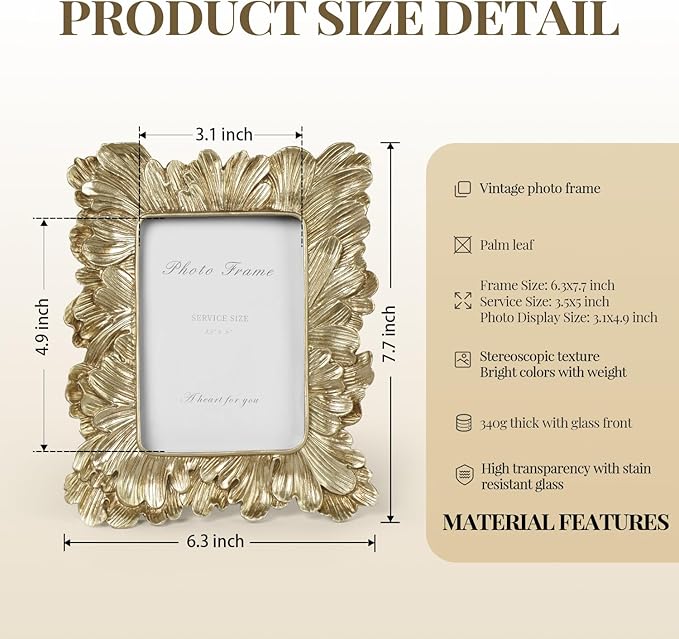 Cuspin 3x5 Picture Frame Small Gold Frames, Vintage Gold Palm Leaves Textured Hand-Crafted Resin with Glass Front, Elegant Retro Photo Frame for Wall and Tabletop Display Home Decor