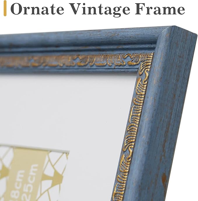 VIOLABBEY 8x10 Picture Frame Blue Gold, Display 5x7 Photo with Mat or 8x10 without Mat, Ornate Vintage 8 x 10 Frame for Wall Decor or Tabletop Display, Blue Gold