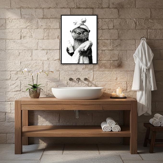 Zhfmoir Funny Otter Bathroom Wall Art, Black and White Otter Canvas Print, Cute Animal Bathroom Decor for Restroom Toilet Washroom, Ready to Hang Wall Artwork 12x16 Inch