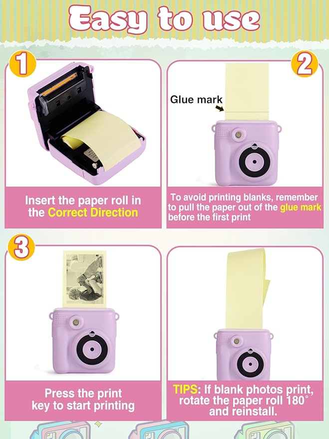 9 Rolls Kids Instant Camera Print Refill Paper- Photo Printer Thermal Paper Rolls for 4 5 6 7 8 9 10 Year Old Girls Boys Birthday Gifts, Blue, Pink, Yellow