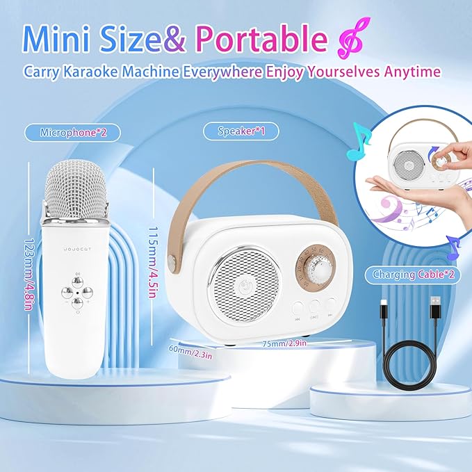 Mini Karaoke Machine for Kids,Portable Bluetooth Speaker with 2 Wireless Microphone,Toys for Girls Boys Gifts,Retro Speaker Set Stereo Sound Enhanced Bass for Home Party Birthday (White)