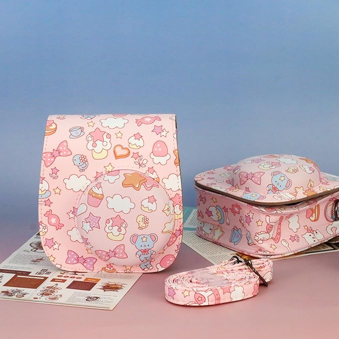 Frankmate Protective Case Fit for Fujifilm Instax Mini 12 11 9 8 Camera, PU Leather Camera Bag with Pocket and Adjustable Shoulder Strap (Canvas Bunny)
