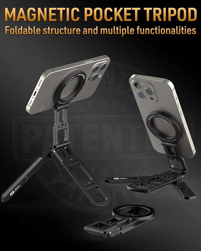Dual Magnetic Phone Tripod for MagSafe Tripod Foldable Double Magnet Mount Pocket Cell Phone Stand for iPhone 17/16/15 Pro Plus Max Travel Gym Magnetic Tripod [US Patent Registered]