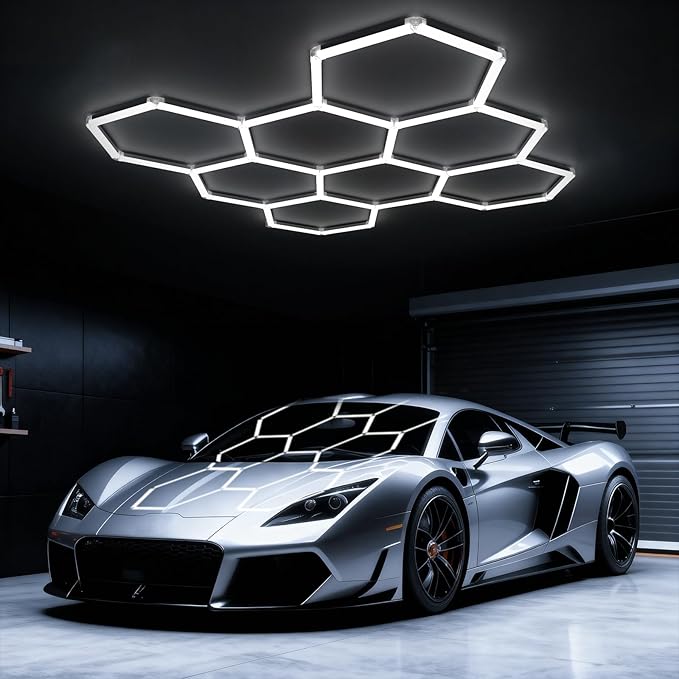 Hexagon Garage Lights: 245W 8 Grids Hexagon Led Lights, 6500K Ultra Bright Hex Light, Honeycomb Light for Garage, Shop, Basement, Barber, Homegym