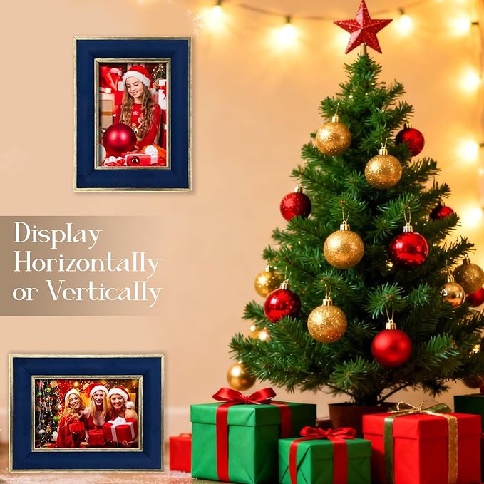 Kathfly 1 Pcs Navy Blue Velvet Picture Frame 5 x 7 Inch Vintage Photo Frame with Gold Metal Edge Horizontal & Vertical Mount for Poster Artwork Puzzle Tabletop Wall Display Christmas Home Office Decor