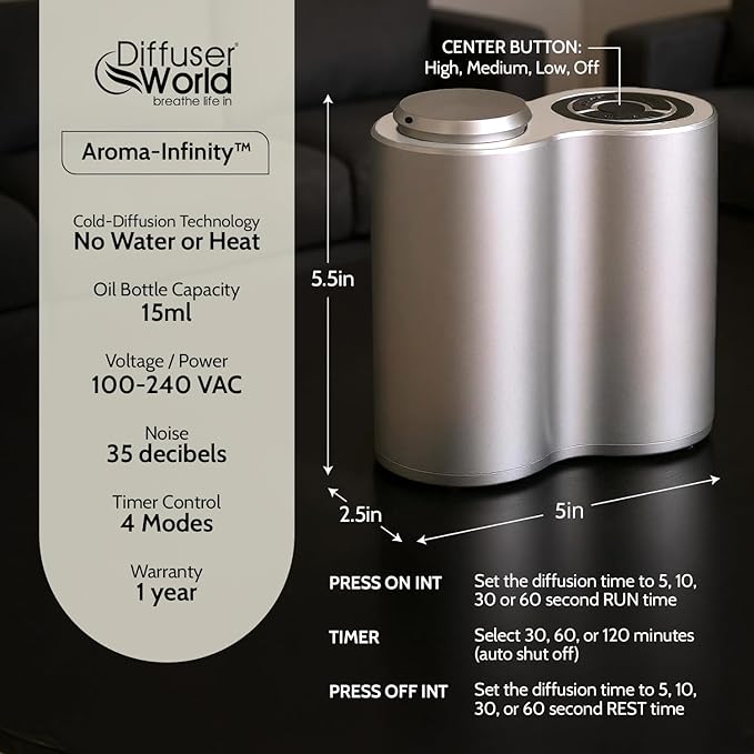 Aroma-Infinity Waterless Diffuser for Essential Oils with Memory Bundle Kit, Silver 100V-240V Portable Waterless Essential Oil Diffusers for Home, Air Aromatherapy Home Scent Diffusers