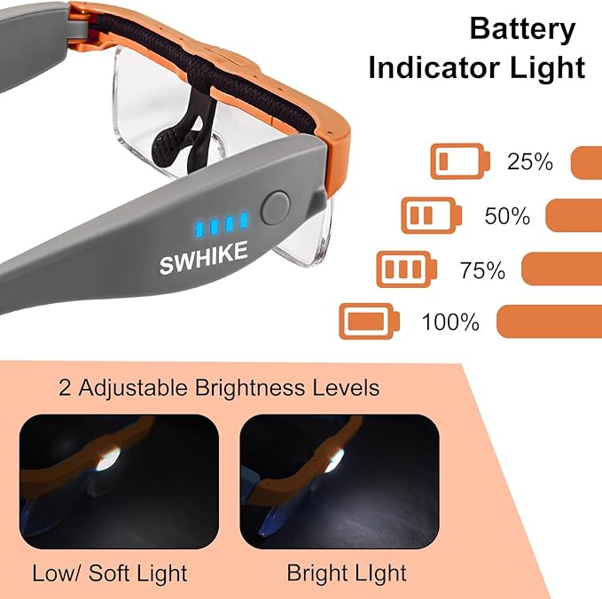 Magnifying Glass with Light Hands Free, Rechargeable Magnifying Glasses Headset with 5 Detachable Lenses and Storage Case for Close Work, Reading, Jewelry Making Crafts (Orange & Gray)