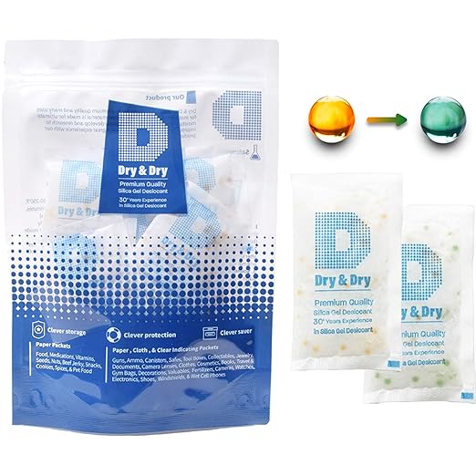 Dry & Dry 20 Gram [100 Packets] Orange Indicating Silica Gel Packets Desiccant - Food Safe Silica Gel Packs, Silica Gel, Desiccant Packs, Moisture Absorbers