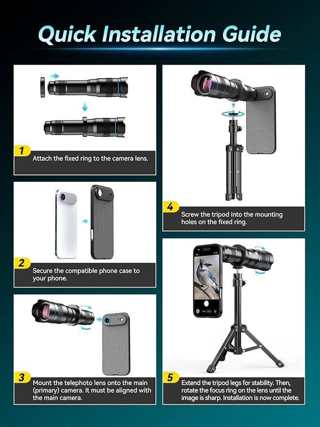 APEXEL 36x Telephoto Lens Compatible with iPhone Air | Photography for Travel, Birdwatching, Exploration | Kit with Sturdy Metal Tripod and Threaded Phone Case