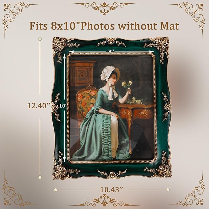 8x10 Vintage Picture Frame, Ornate Green Resin Photo Frame with Gold Accents, Wall Mounting & Tabletop Display for Home Decor, Ideal Gift for Wedding Anniversary Housewarming