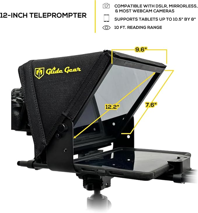 Glide Gear TMP 500 Teleprompter – DSLR, Tablet, Smartphone – 12" Glass, 15mm Rails, Hard Case, No Assembly