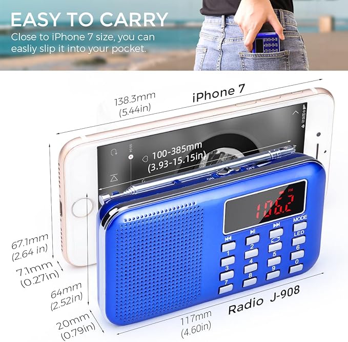 PRUNUS Mini Portable Radio AM FM Pocket Radio with MP3, LED Flashlight, Digital Radio Speaker Support Micro SD/TF Card/USB, Auto Scan Save, 1200mAh Rechargeable Battery Operated[Latest Version]