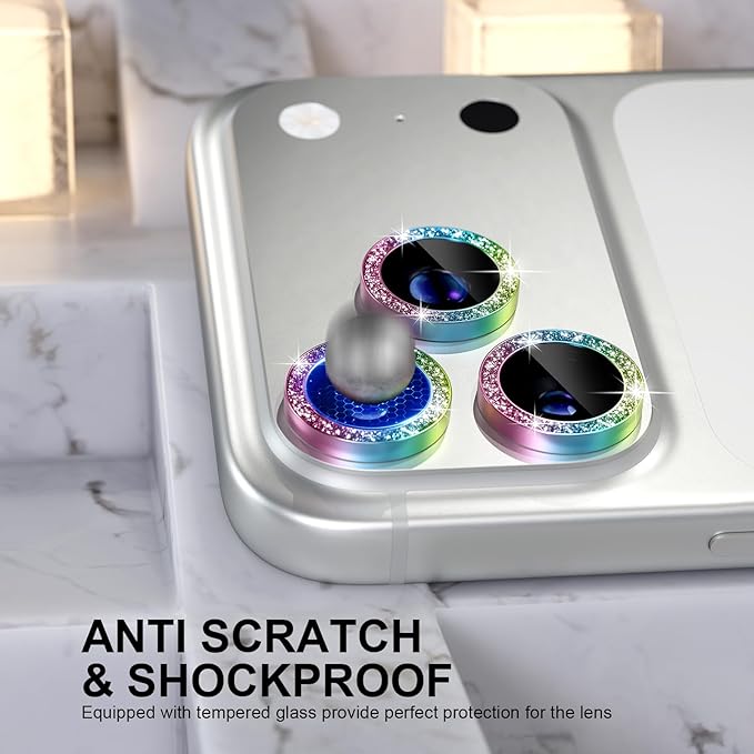 Choiche Compatible for iPhone 17 Pro/iPhone 17 Pro Max Camera Lens Protector Bling, 9H Tempered Glass Camera Cover Screen Protector Metal Ring Decoration Accessories (Glitter-Colorful)