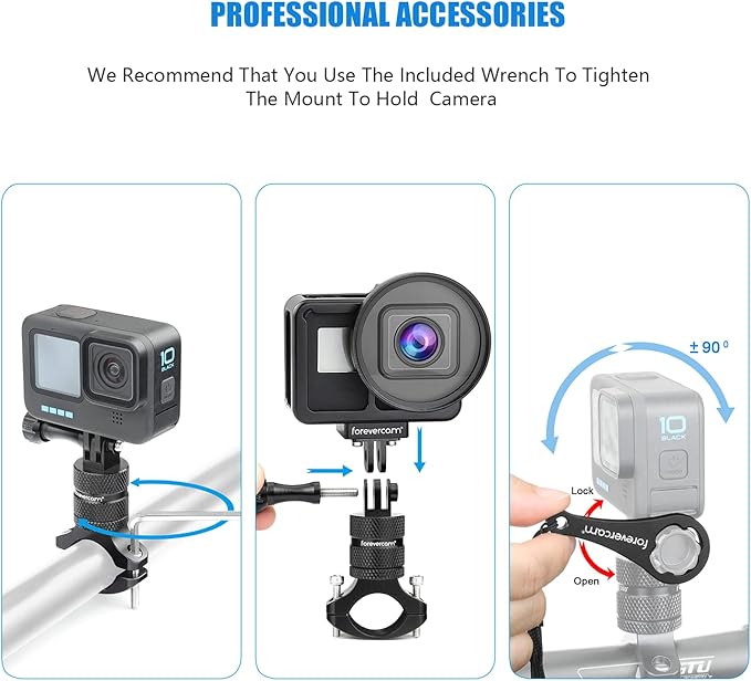 Forevercam Bike Handlebar Mount for Gopro Hero 13 12 11 10 9 8 DJI Osmo Insta360 AKASO and Other Action Camera Aluminum Motorcycle Handlebar Mount 360°Rotation