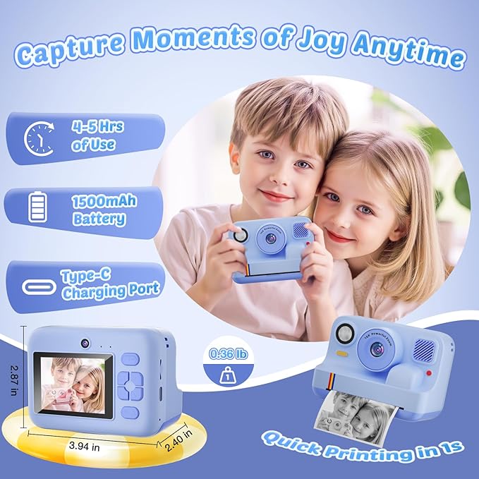 Instant Print Camera for Kids, App Printing, 1080P Video, Dual-Lens Selfie Digital Camera with 32G SD, Christmas Birthday Gifts for Girls Boys 4 5 6 7 8 9 10 11 12 Year Old, Toddler Toy_Blue