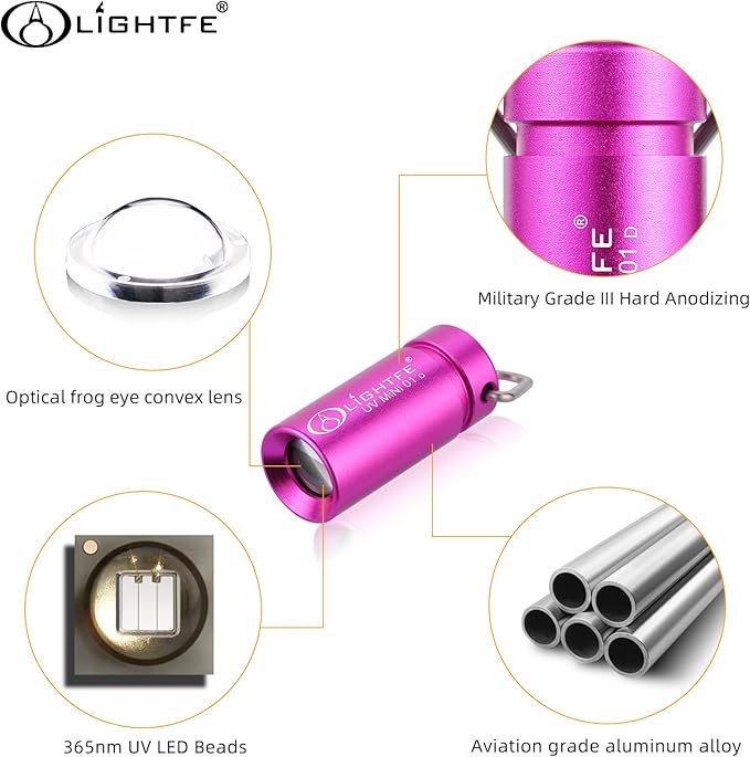 LIGHTFE UV MINI 01D Blacklight Flashlight 365nm Keychain lamp, Suitable for pet Urine Stains, Stains, Minerals, Fluorescent Agent Detection, and Currency Art Identification, etc